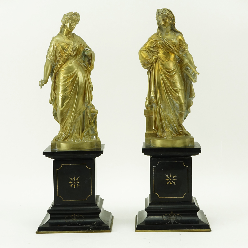 After: Henri Lepind, French (fl. 1880) Pair of Gilt Bronze Sculptures, "Elegie" and "Madrigal", Mounted on Marble Base. 