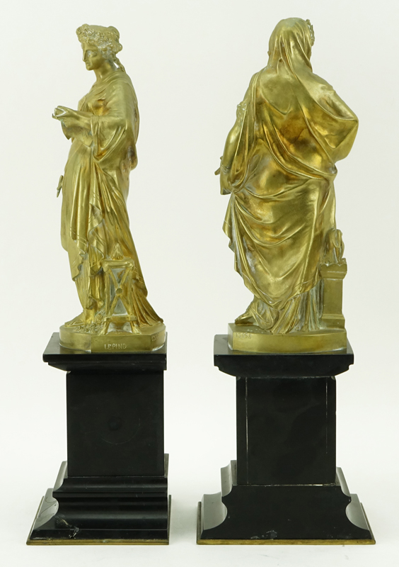 After: Henri Lepind, French (fl. 1880) Pair of Gilt Bronze Sculptures, "Elegie" and "Madrigal", Mounted on Marble Base. 