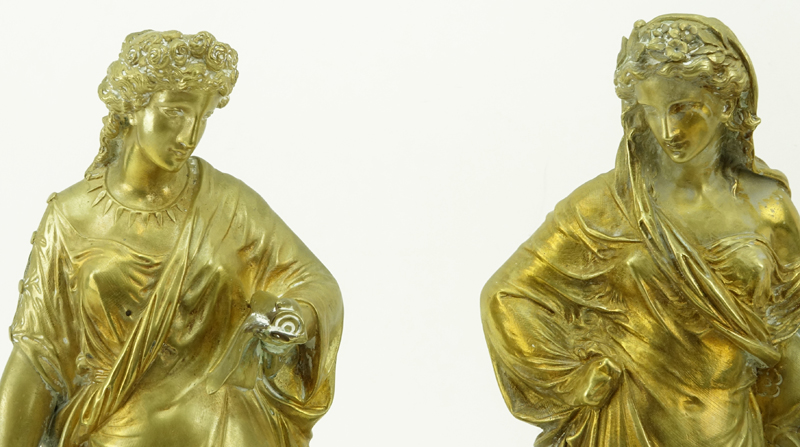 After: Henri Lepind, French (fl. 1880) Pair of Gilt Bronze Sculptures, "Elegie" and "Madrigal", Mounted on Marble Base. 