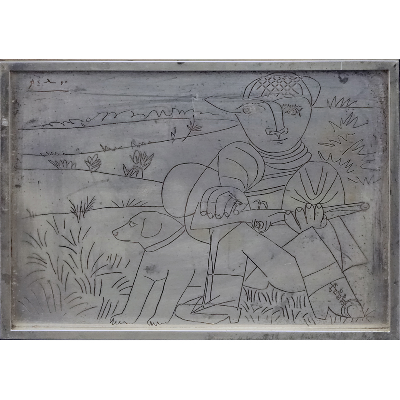 Franklin Mint Limited Edition Pablo Picasso Etched Sterling Silver Plaque "The Hunter", 1976. Original COA and documentation from The Franklin Mint accompanies the lot.