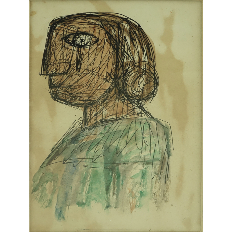 Leonidas Gambartes, Argentinean (1909-1963) Pen and Ink and Watercolor on Paper "Study of a Head". 