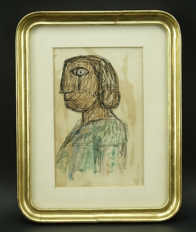 Leonidas Gambartes, Argentinean (1909-1963) Pen and Ink and Watercolor on Paper "Study of a Head". 