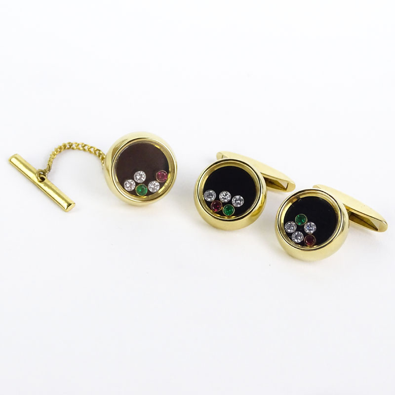 Chopard Man's 18 Karat Yellow Gold, Diamond, Ruby and Emerald Happy Cufflinks and Tie Tack Set.