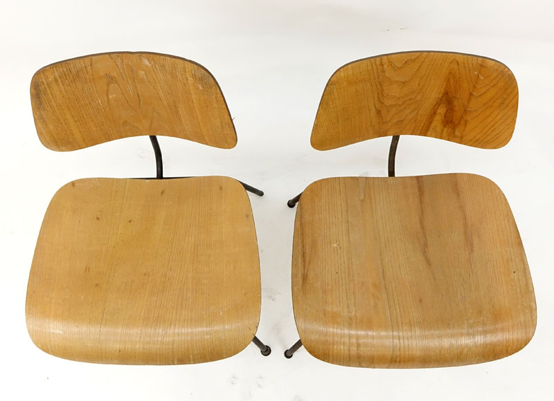 Pair Mid Century Eames Molded Plywood Chairs With Metal Legs.