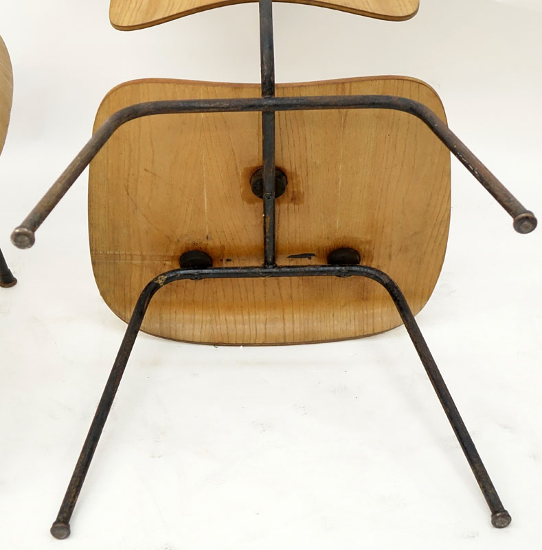 Pair Mid Century Eames Molded Plywood Chairs With Metal Legs.