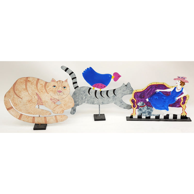 Judie Bomberger, American ( 20th C) Three Painted Sheet Metal Sculptures "Cat", "Friends" "Lady and Dog" Signed, dated '97, '96. 