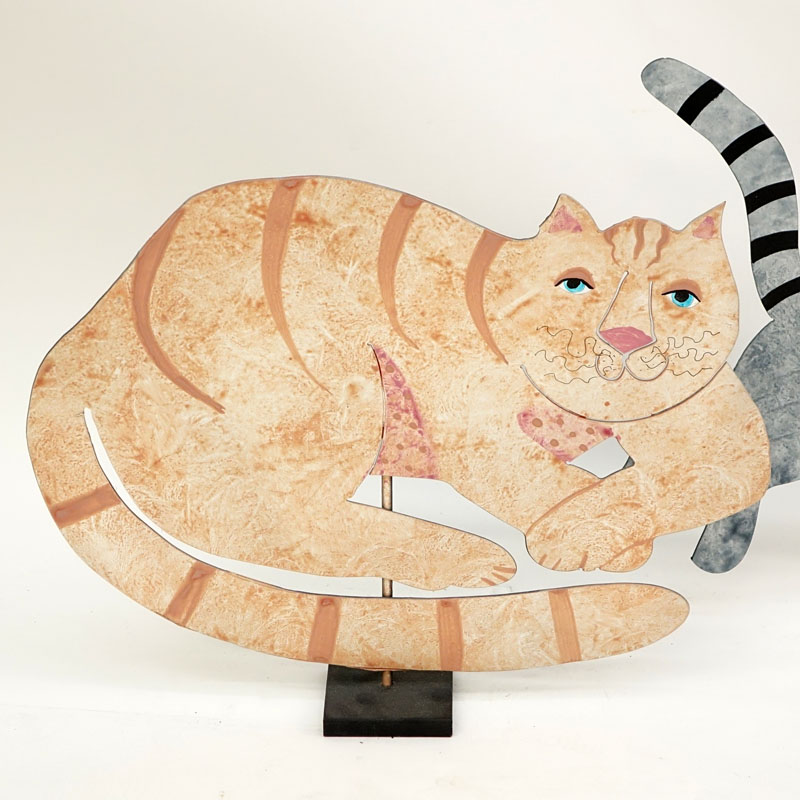 Judie Bomberger, American ( 20th C) Three Painted Sheet Metal Sculptures "Cat", "Friends" "Lady and Dog" Signed, dated '97, '96. 