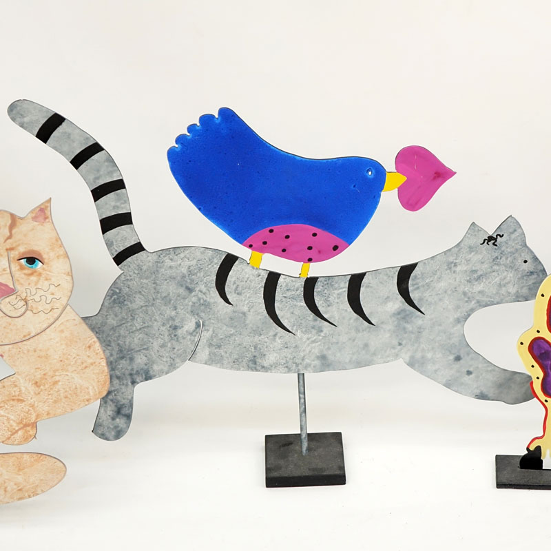 Judie Bomberger, American ( 20th C) Three Painted Sheet Metal Sculptures "Cat", "Friends" "Lady and Dog" Signed, dated '97, '96. 