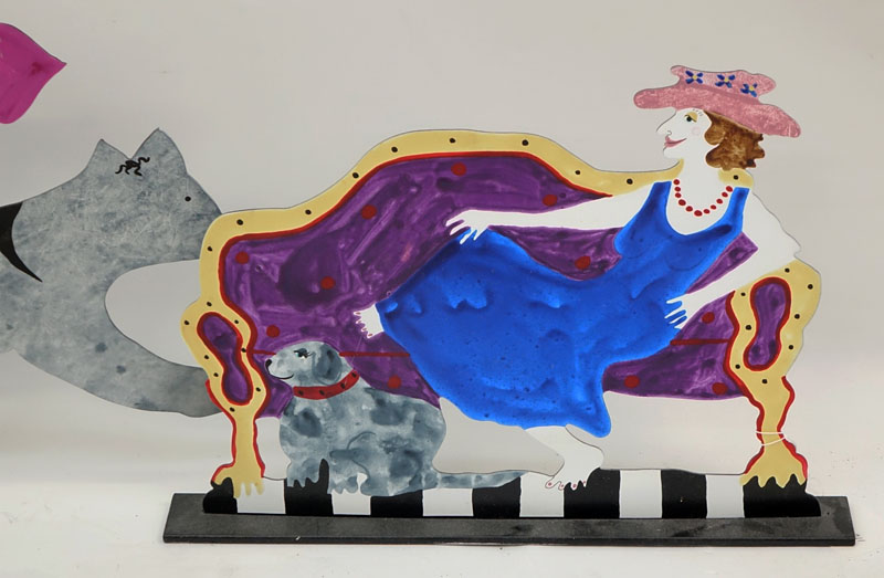 Judie Bomberger, American ( 20th C) Three Painted Sheet Metal Sculptures "Cat", "Friends" "Lady and Dog" Signed, dated '97, '96. 