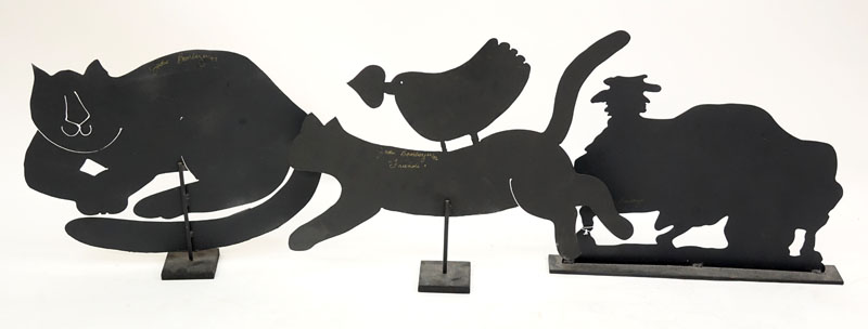 Judie Bomberger, American ( 20th C) Three Painted Sheet Metal Sculptures "Cat", "Friends" "Lady and Dog" Signed, dated '97, '96. 