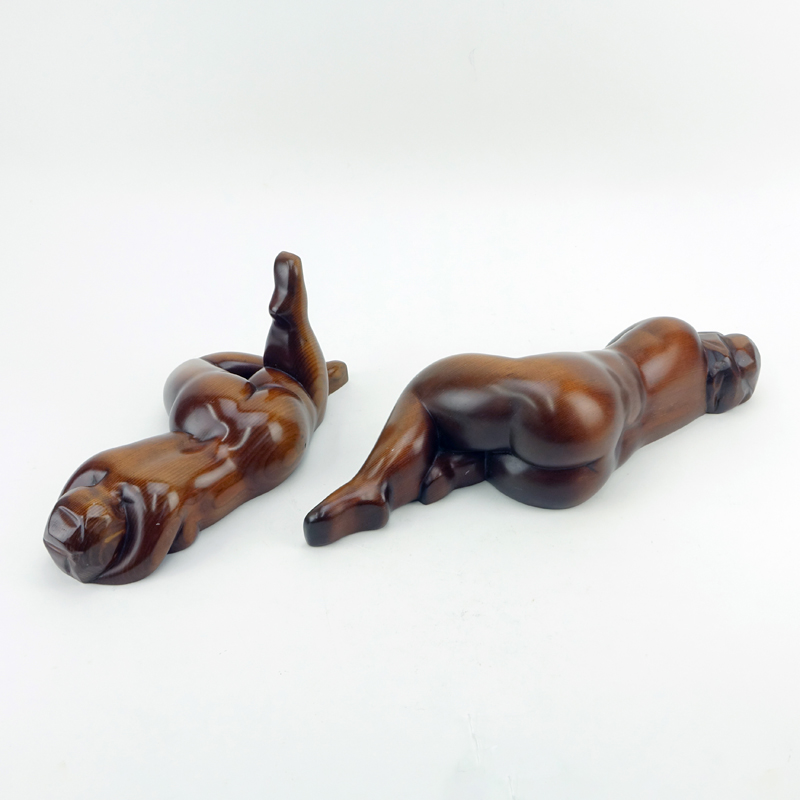 Two (2) Contemporary Carved Wood Sculptures "Reclining Nudes" Carved initials on bottom RB (with backwards R) or AB.