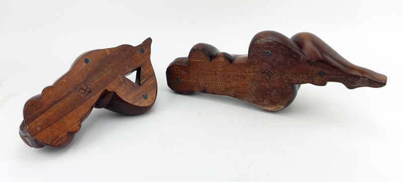 Two (2) Contemporary Carved Wood Sculptures "Reclining Nudes" Carved initials on bottom RB (with backwards R) or AB.