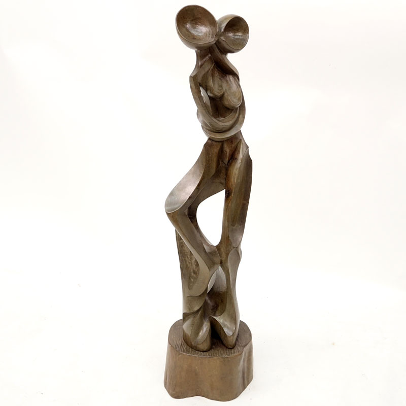 Luis Potosi, Ecuadorian (20th C.) Large Wood Carving of a Nude Couple on Wooden Base.