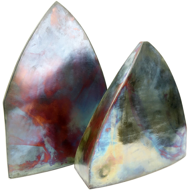 Pair Of Contemporary Iridescent Raku Glazed Ceramic Abstract Sculptures. Reminiscent of dorsal fins.