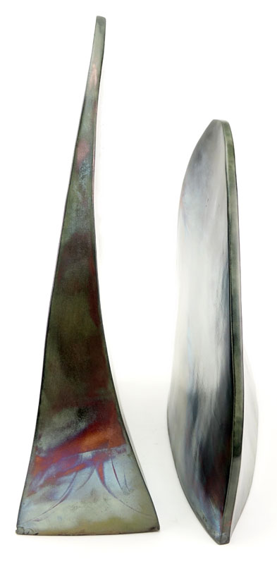 Pair Of Contemporary Iridescent Raku Glazed Ceramic Abstract Sculptures. Reminiscent of dorsal fins.