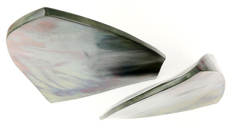 Pair Of Contemporary Iridescent Raku Glazed Ceramic Abstract Sculptures. Reminiscent of dorsal fins.