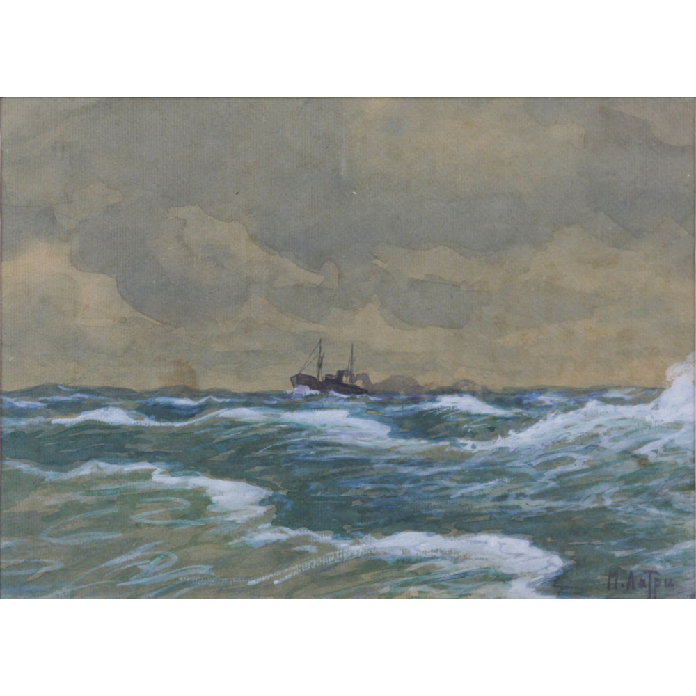 Early 20th Century Russian Ukrainian Watercolor and Gouache on Paper "Ship In Choppy Seas" Signed in Cyrillic M. Latri. 