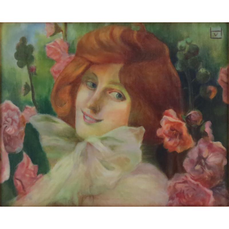 Attributed to: Ludwig von Hofmann, German (1861-1945) Oil on Artist Board, Girl with Flowers. 