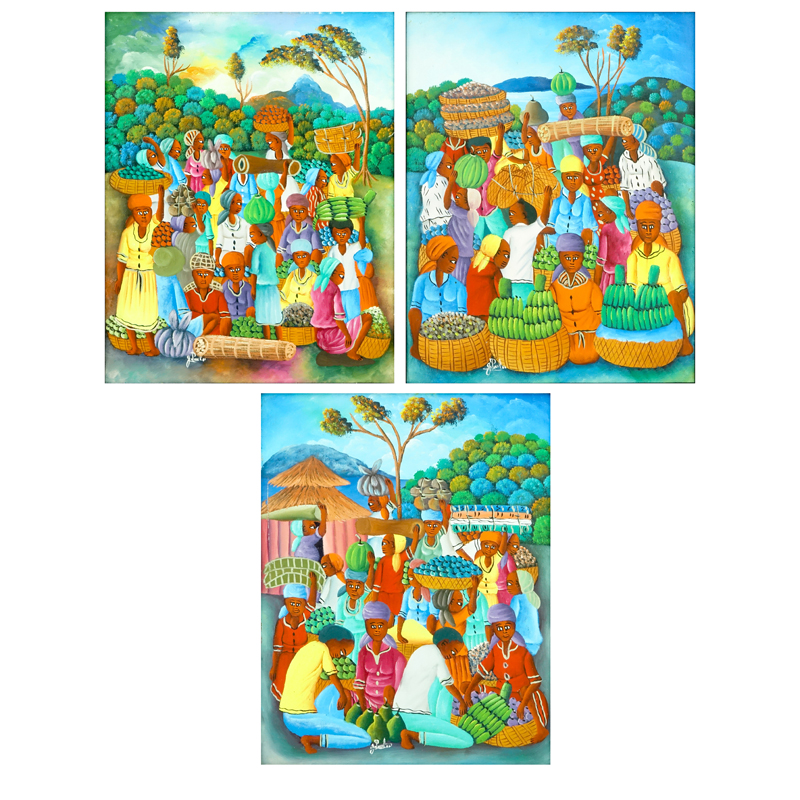 Three (3) Decorative Haitian Acrylic On Canvas Paintings "Market Scenes" Signed J. Paul. 