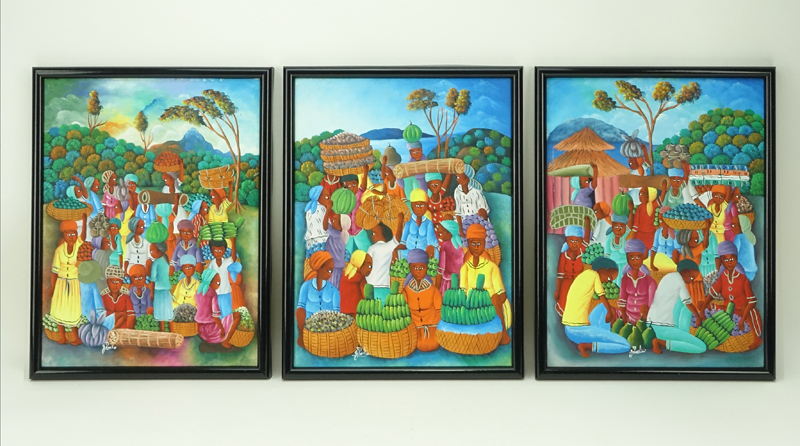 Three (3) Decorative Haitian Acrylic On Canvas Paintings "Market Scenes" Signed J. Paul. 