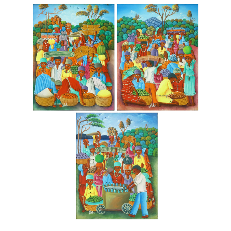 Three (3) Decorative Haitian Acrylic On Canvas Paintings "Market Scenes" Signed J. Paul. 