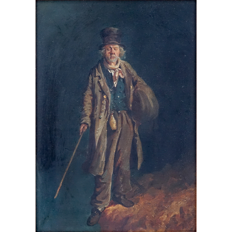 Attributed to: John Carlin, American (1813 - 1891) Oil on canvas "Beggar on the brink of  disaster". 