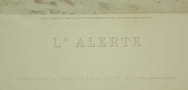 After: Edouard Jean Baptiste Detaille, French (1848-1912) "L'Alerte" Color Photogravure. Printed and published by Coupil & Cie, edited in 1878. 