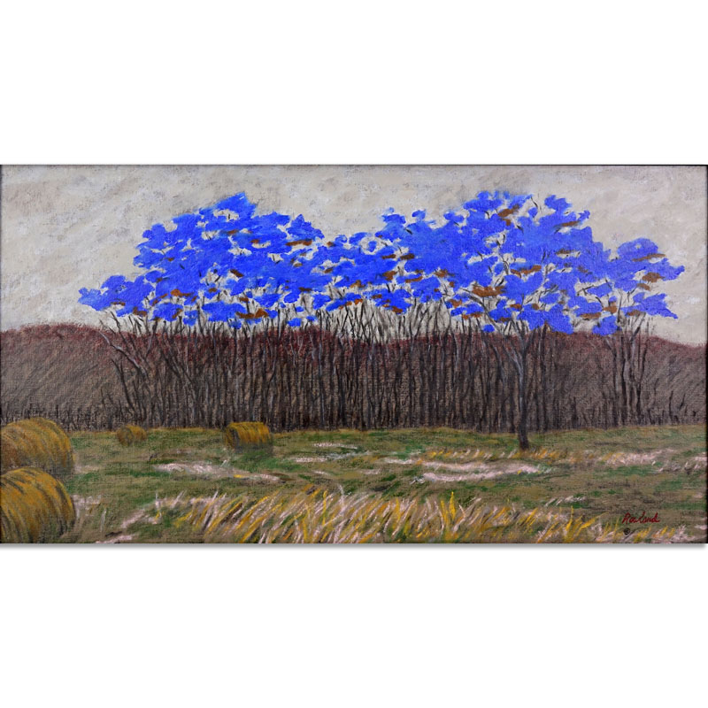 Contemporary Oil On Canvas "Blue Trees In Landscape". Signed Rowland lower right, inscribed en verso. 