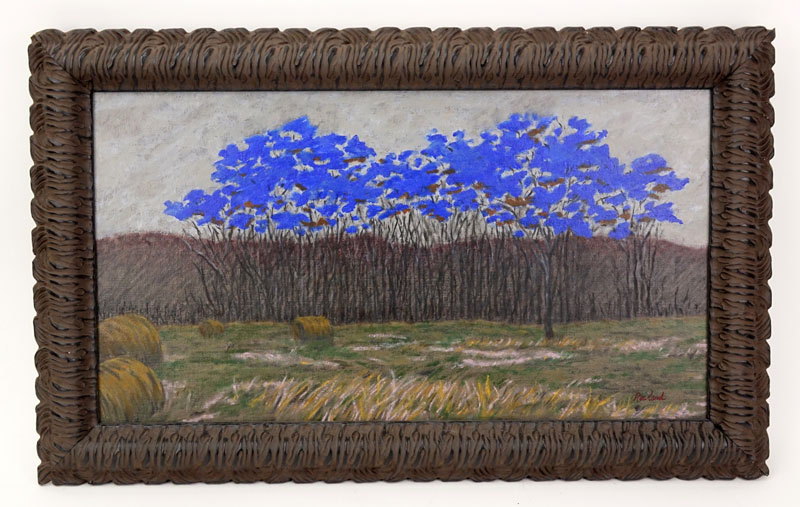 Contemporary Oil On Canvas "Blue Trees In Landscape". Signed Rowland lower right, inscribed en verso. 