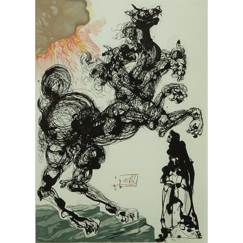 After: Salvador Dali, Spanish (1904 - 1989) Color wood engraving on Rives paper after a watercolor "Divine Comedy - Inferno 6" Signed in the block, blindstamp of the editor J. Estrade. 