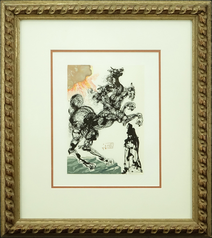 After: Salvador Dali, Spanish (1904 - 1989) Color wood engraving on Rives paper after a watercolor "Divine Comedy - Inferno 6" Signed in the block, blindstamp of the editor J. Estrade. 