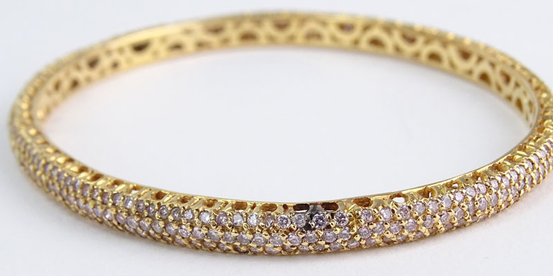 Approx. 6.0 Carat Pave Set Fancy Pink Diamond and 18 Karat Yellow Gold Bangle Bracelet.