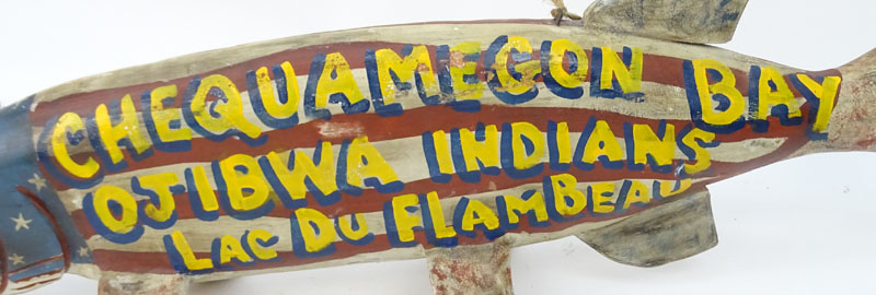 Large Wood Carved Fish Advertising Trade Sign. Inscribed "Chequamegon Bay, Ojibwa Indian Lac Du Flambeau", "Live bait tackle guides boat rental". Signed P. Vargo? 