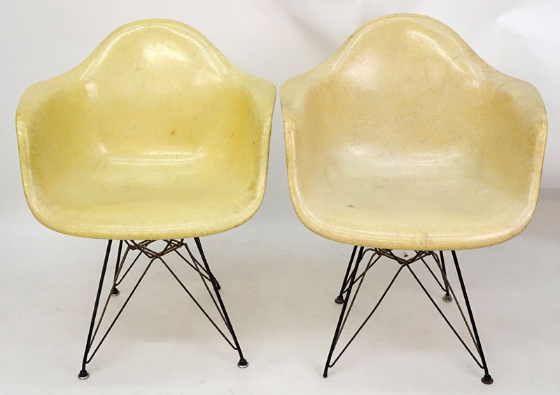 Pair of Eames for Herman Miller Molded Fiberglass Arm Chairs on Eiffel Tower Bases.