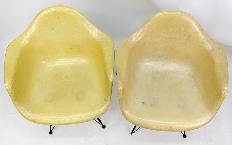 Pair of Eames for Herman Miller Molded Fiberglass Arm Chairs on Eiffel Tower Bases.