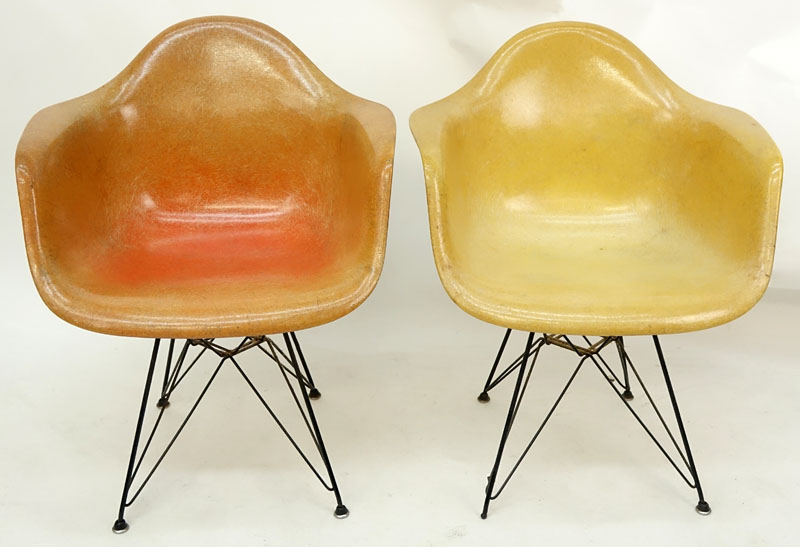 Pair of Eames for Herman Miller Molded Fiberglass Arm Chairs on Eiffel Tower Bases.