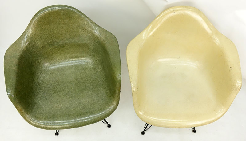 Pair of Eames for Herman Miller Molded Fiberglass Arm Chairs on Eiffel Tower Bases.