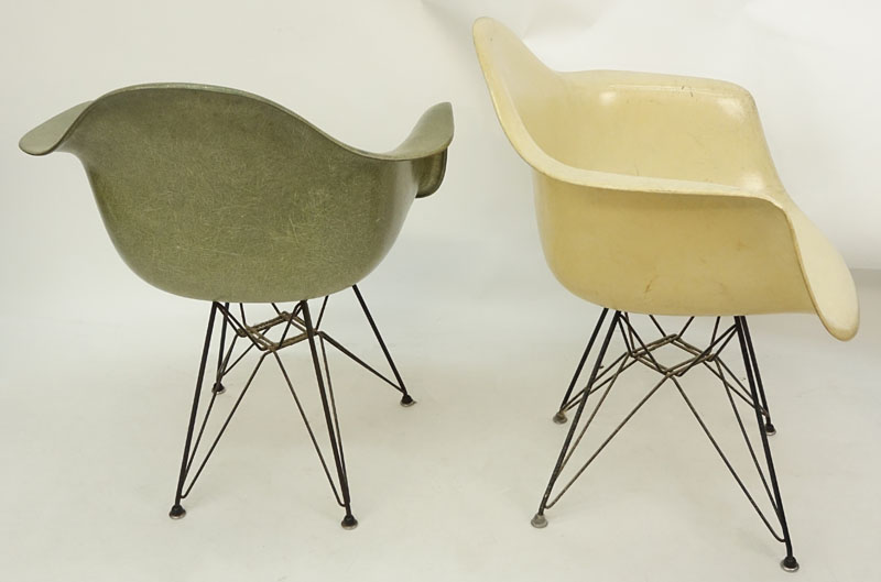 Pair of Eames for Herman Miller Molded Fiberglass Arm Chairs on Eiffel Tower Bases.