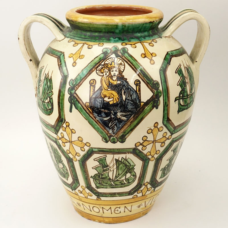 Large Italian Majolica Handled Garden Urn.