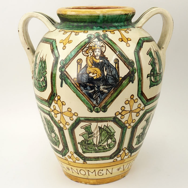 Large Italian Majolica Handled Garden Urn.