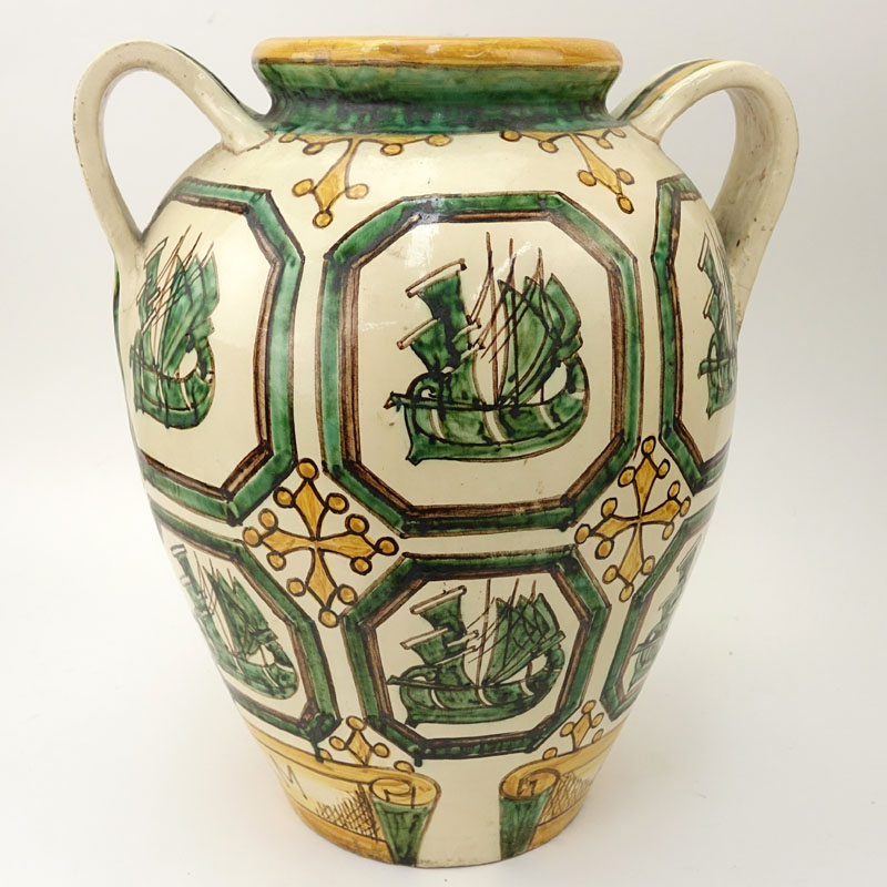 Large Italian Majolica Handled Garden Urn.