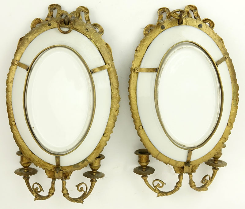 Pair French Sevres Style Gilt Bronze And Hand painted Porcelain Two Light Sconces.