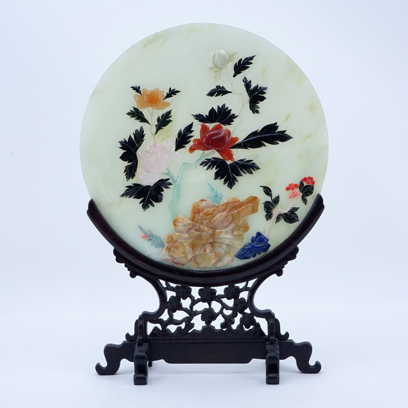 Vintage Chinese Jade and Semi-Precious Stone Round Plaque On Carved Wood Stand.