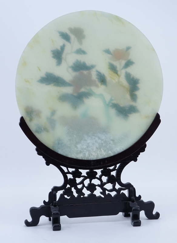 Vintage Chinese Jade and Semi-Precious Stone Round Plaque On Carved Wood Stand.