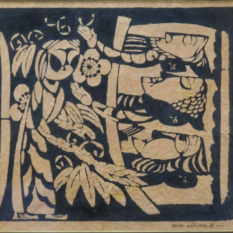 Sadao Watanabe, Japanese  (1913-1996) "Three Wisemen and Angel" Colored Stencil on Paper. 
