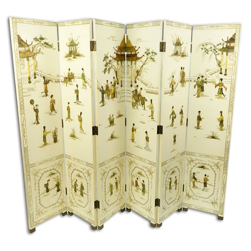 Mid Century Chinese Hardstone Inlaid 6 Panel Wood Screen.