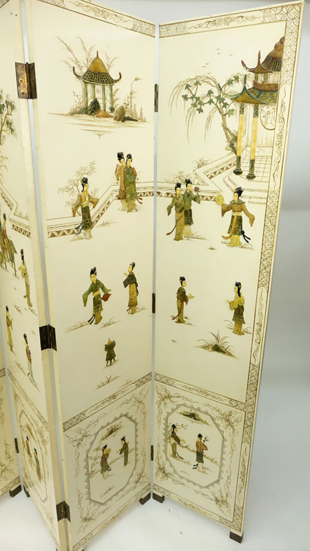 Mid Century Chinese Hardstone Inlaid 6 Panel Wood Screen.