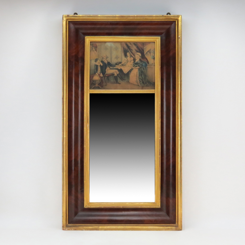 19th Century American Gilt Painted and Burlwood Federal Mirror with Colored Print of George Washington.