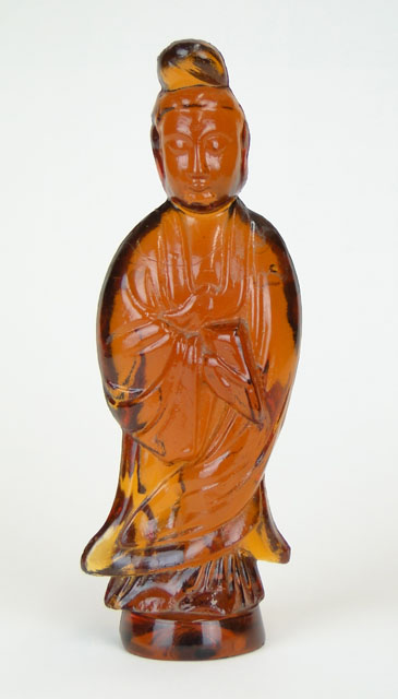 Probably American Amber Glass Figure of Guanyin with Ground Pontil.