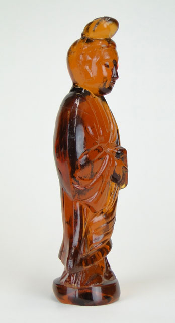 Probably American Amber Glass Figure of Guanyin with Ground Pontil.